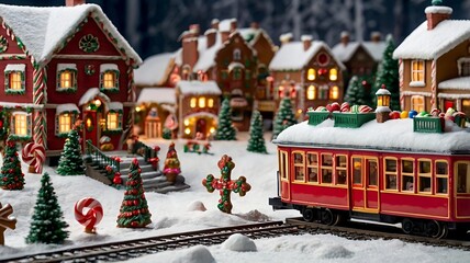 A whimsical gingerbread village with a festive train traveling through snow-covered houses during...