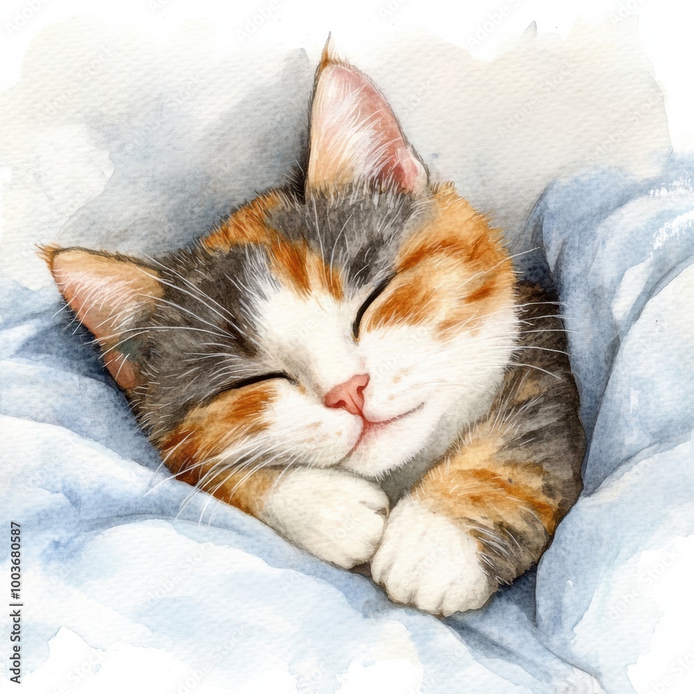 Poster a calm cat peacefully sleeping on a soft bedspread under gentle light on a serene morning. generativ