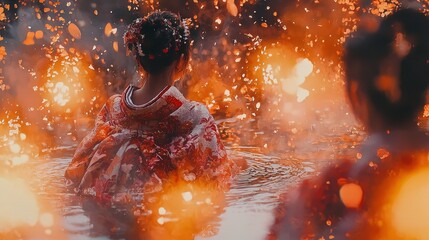 Naklejka premium Women in traditional Japanese attire participating in a mystical fire-lit water ceremony, surrounded by glowing embers