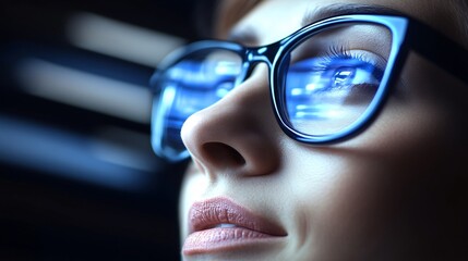 A businesswoman executive in deep thought, surrounded by floating digital interfaces showing real-time analytics and futuristic data projections,
