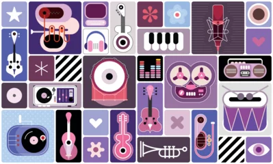Vector graphic collage of different musical things and design elements. Each ones placed in a square shape and is on a separate layer.