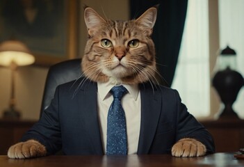 Boring job. A cat is a business entrepreneur. Cat in a tie. Fluffy boss in the office. Ai generated image.