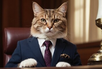 Boring job. A cat is a business entrepreneur. Cat in a tie. Fluffy boss in the office. Ai generated image.