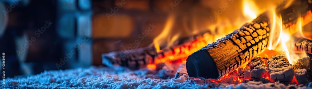 Poster beautiful view of a cozy fireplace with glowing embers and burning logs, perfect for creating a warm