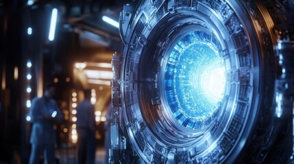 Ultra-clear shot of a fusion reactor prototype emitting a soft blue glow, with scientists