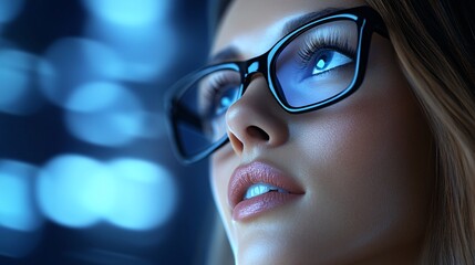 A businesswoman executive in deep thought, surrounded by floating digital interfaces showing real-time analytics and futuristic data projections,