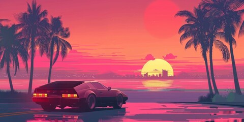 A car is parked on a road near the ocean. The sky is pink and the sun is setting. The scene is peaceful and relaxing