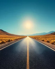 Gardinen Wet Asphalt Road Leading to Horizon with Clear Sky and Sun Photo © Seno