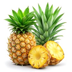 Juicy Pineapple with Green Leaves. Pineapple Display on White.