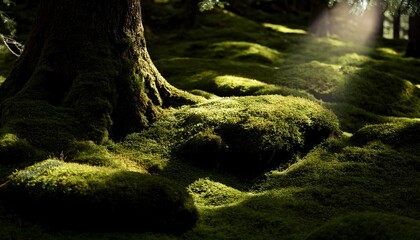 苔 緑 自然 森林 日光 木 陽光 影 光と影 木漏れ日 自然美 緑豊か 屋外 生態系 静けさ 平穏 清涼感 ヒーリング 夏 新鮮
