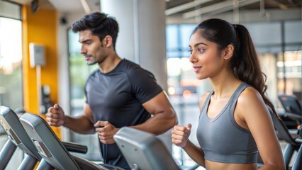 Fototapeta premium Asian Indian Young Couple Participating in Cardio Training at a Gym or Fitness Club