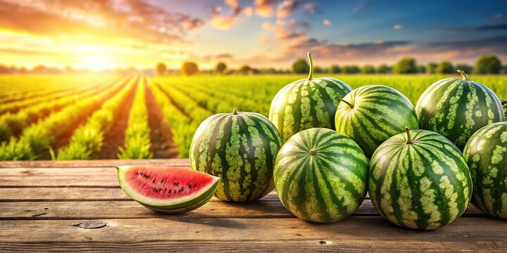 Watermelons on a table with a watermelon field in the background macro