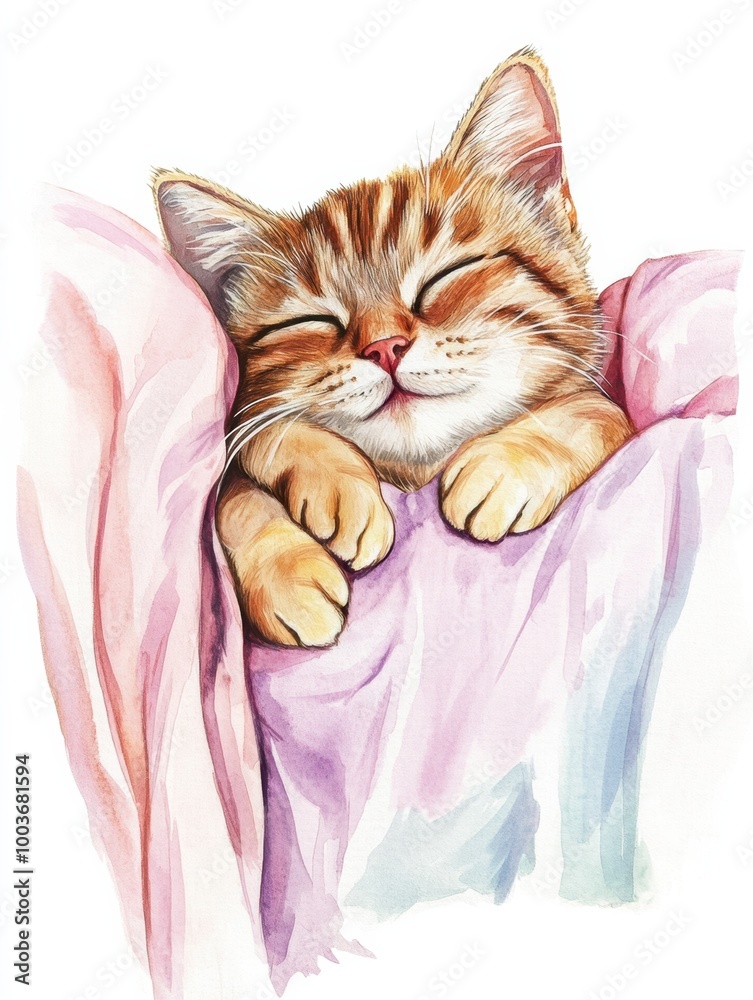 Poster a sleeping cat rests peacefully on a colorful bedspread in a cozy environment during a warm afternoo