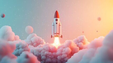 Fototapeta premium Launching new product or service. Technology development process. Space rocket launch. 3d render.