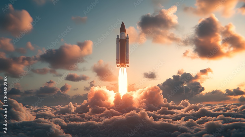 Wall mural launching new product or service. technology development process. space rocket launch. 3d render.