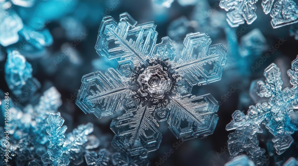 Poster a close-up of a delicate snowflake showcasing intricate crystalline structures and beautiful details