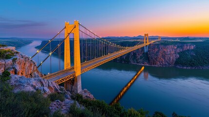 Fototapeta premium Scenic sunset view of a majestic suspension bridge over a river.