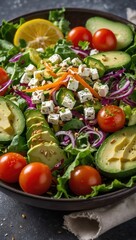 Colorful Salad with Avocado, Cherry Tomatoes, and Leafy Greens in Dark Bowl