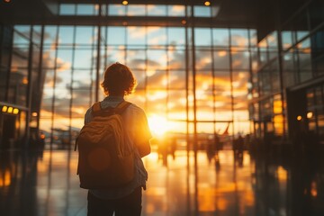 Fototapeta premium Passenger in airport, international travel by flight back view