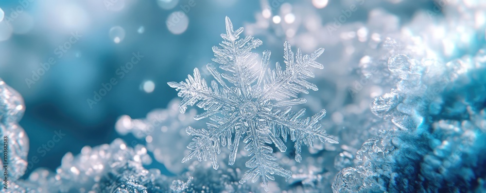 Poster A stunning close-up of a unique snowflake resting on a soft, icy surface, showcasing its intricate design and sparkling details.