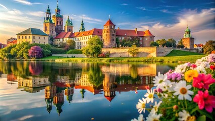 Wawel Cathedral and Castle with summer blooms and reflection