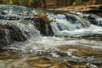 Close-up of Mountain Fork River in Beavers Bend State Park, Oklahoma. Water flows gently through forest landscape with tall trees and lush green grass. Scenic natural view.