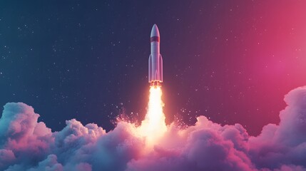 Launching new product or service. Technology development process. Space rocket launch. 3d render.