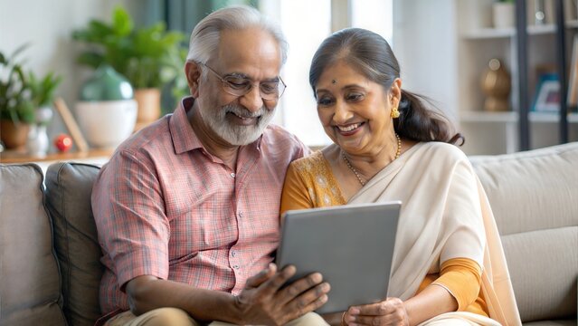 Indian/Asian Senior Couple Video Chatting on a Tablet or Computer While Sitting on a Couch or in Their Garden at Home, Selective Focus






 - Powered by Adobe