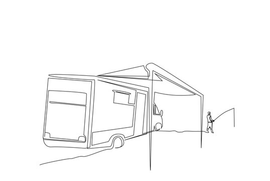recommend clip art: caravan camping site caravan life fisherman relax time lifestyle one line art design vector