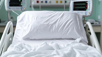 Empty hospital bed with white sheets, medical monitors in the background