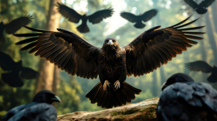Obraz premium Majestic Eagle In Flight With Wings Spread, Symbolizing Mystery, Power, And Nature, Set Against A Forest Backdrop
