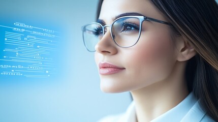 A businesswoman executive in deep thought, surrounded by floating digital interfaces showing real-time analytics and futuristic data projections,