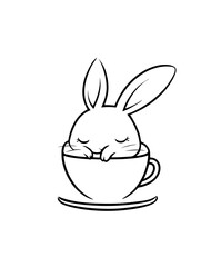 Obraz premium Little bunny sleeping in a coffee cup. Vector illustration logo for a coffee shop or a cafe, minimalist line drawing art style. 