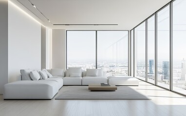 Fototapeta premium A modern, minimalist living room with large windows showcasing a city view, emphasizing comfort and style.