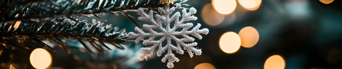 Horizontal Close-Up of a Snowflake Ornament Hanging on a Christmas Tree Branch with Soft, Out-of-Focus Christmas Lights in the Background, Capturing the Festive Spirit and Holiday Cheer.