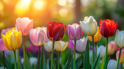 "Close-Up of a Vibrant Symphony of Colorful Tulips in Full Bloom"
