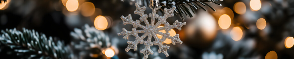 Horizontal Close-Up of a Snowflake Ornament Hanging on a Christmas Tree Branch with Soft, Out-of-Focus Christmas Lights in the Background, Capturing the Festive Spirit and Holiday Cheer.