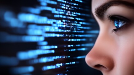 A businesswoman executive in deep thought, surrounded by floating digital interfaces showing real-time analytics and futuristic data projections,