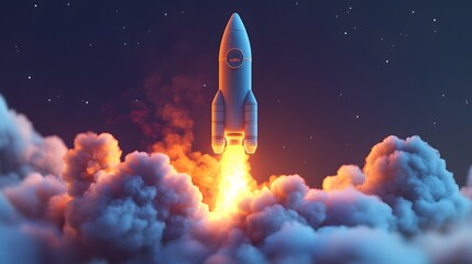 Launching new product or service. Technology development process. Space rocket launch. 3d render.