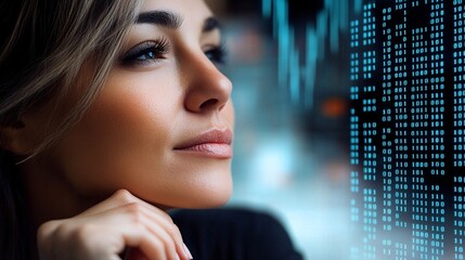 A businesswoman executive in deep thought, surrounded by floating digital interfaces showing real-time analytics and futuristic data projections,