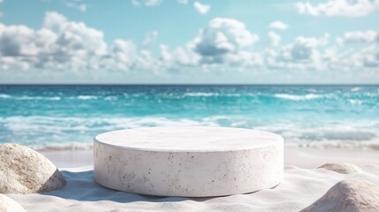 Fototapeta premium Serene Beach with Round Platform and Tranquil Waves