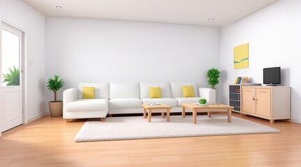 3D modern living room interior showcasing stylish furniture and elegant decor in a bright open space