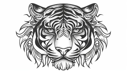 Obraz premium Detailed black and white illustration of a tiger's face with tribal design elements, showcasing intricate patterns and bold lines.