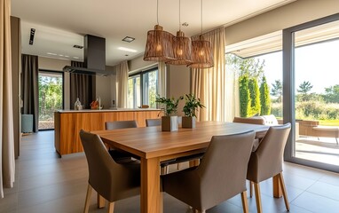 A modern dining area featuring a wooden table, stylish chairs, and large windows overlooking a garden.