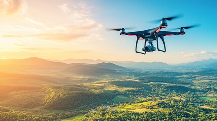 Fototapeta premium A drone flying over a scenic landscape during sunset, capturing aerial views of nature.