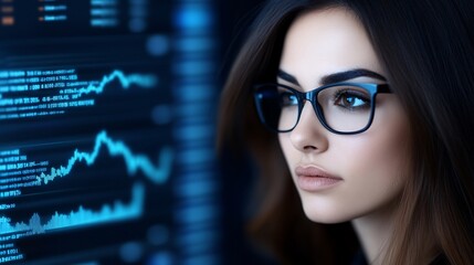 A businesswoman executive in deep thought, surrounded by floating digital interfaces showing real-time analytics and futuristic data projections,