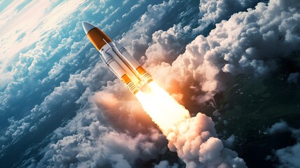Launching new product or service. Technology development process. Space rocket launch. 3d render.