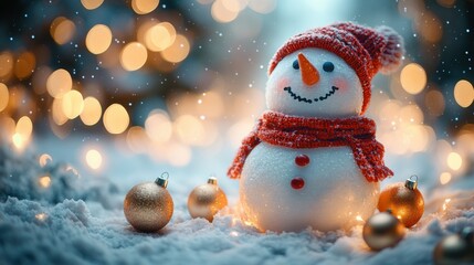 creative close-up of snowman's face, blurred ornaments with motion trails, gentle fade effect, magical and vibrant design.