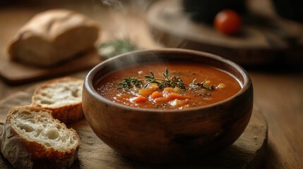 Close-up of a steaming bowl of tomato soup served with freshly baked bread on a rustic table