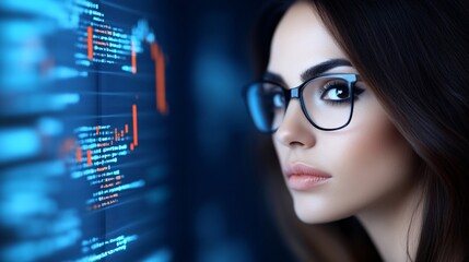 A businesswoman executive in deep thought, surrounded by floating digital interfaces showing real-time analytics and futuristic data projections,
